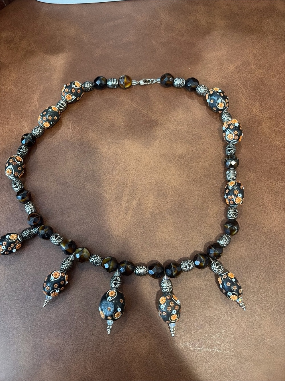 Vintage Beaded Necklace Textured Floral Witchy Boho Whimsigoth Tigers Eye - Picture 6 of 9
